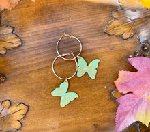 Load image into Gallery viewer, Green &amp; Gold Butterfly Hoops
