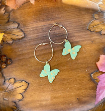 Load image into Gallery viewer, Green &amp; Gold Butterfly Hoops
