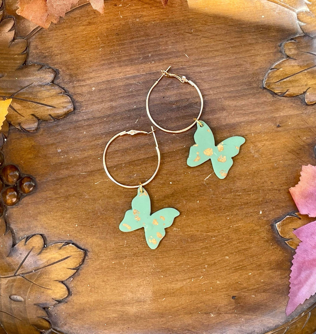 Green & Gold Butterfly Hoops